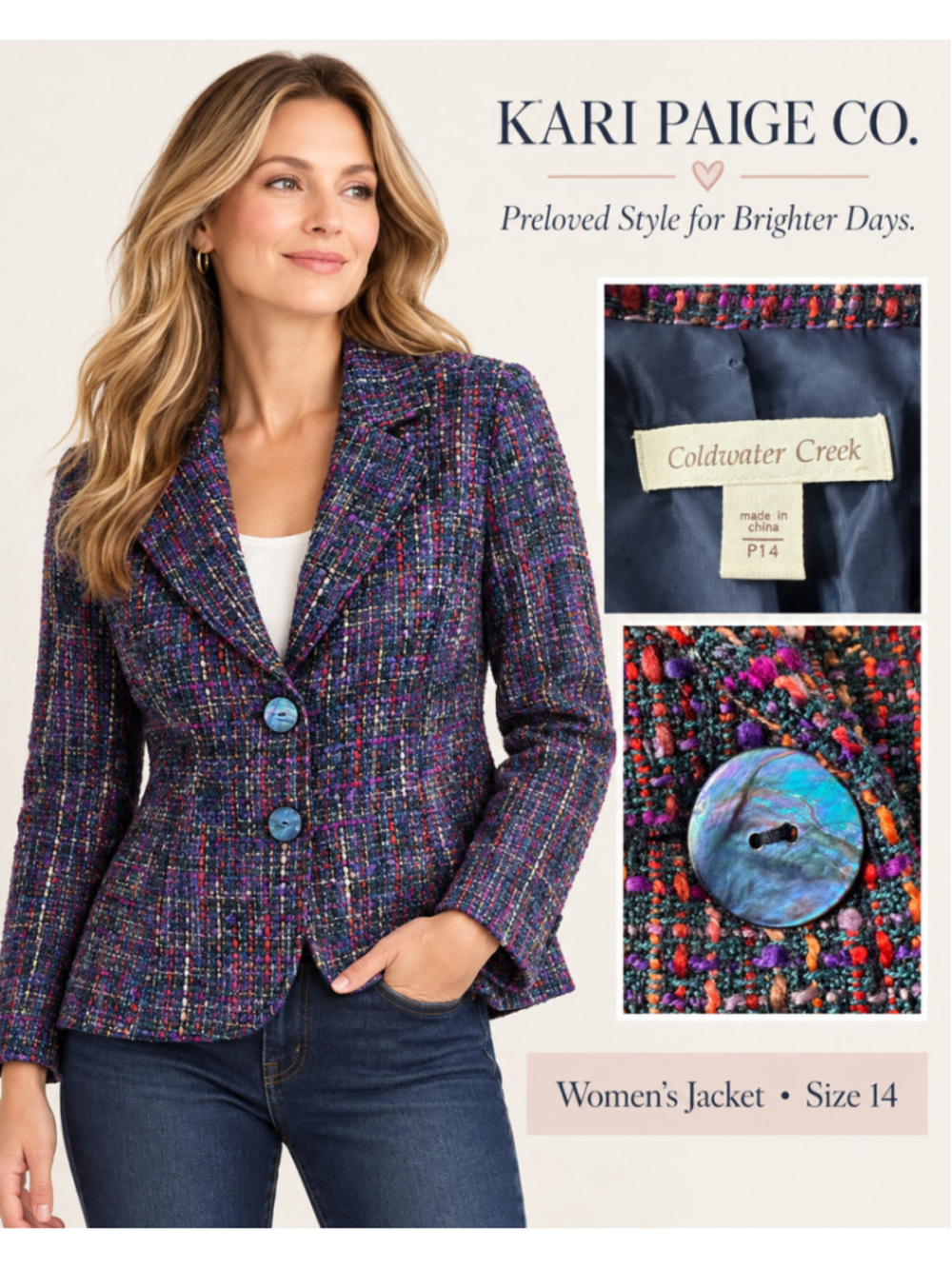 Women's Coldwater Creek Multi-color Tweed Blazer Jacket Size 14P F26